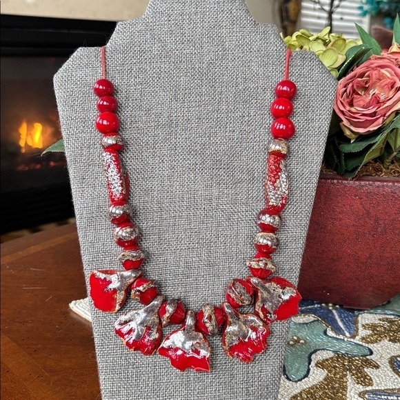 Jewelry - Vintage Red & Silver Tone Beaded Long Necklace Leather Cord Abstract Ceramic